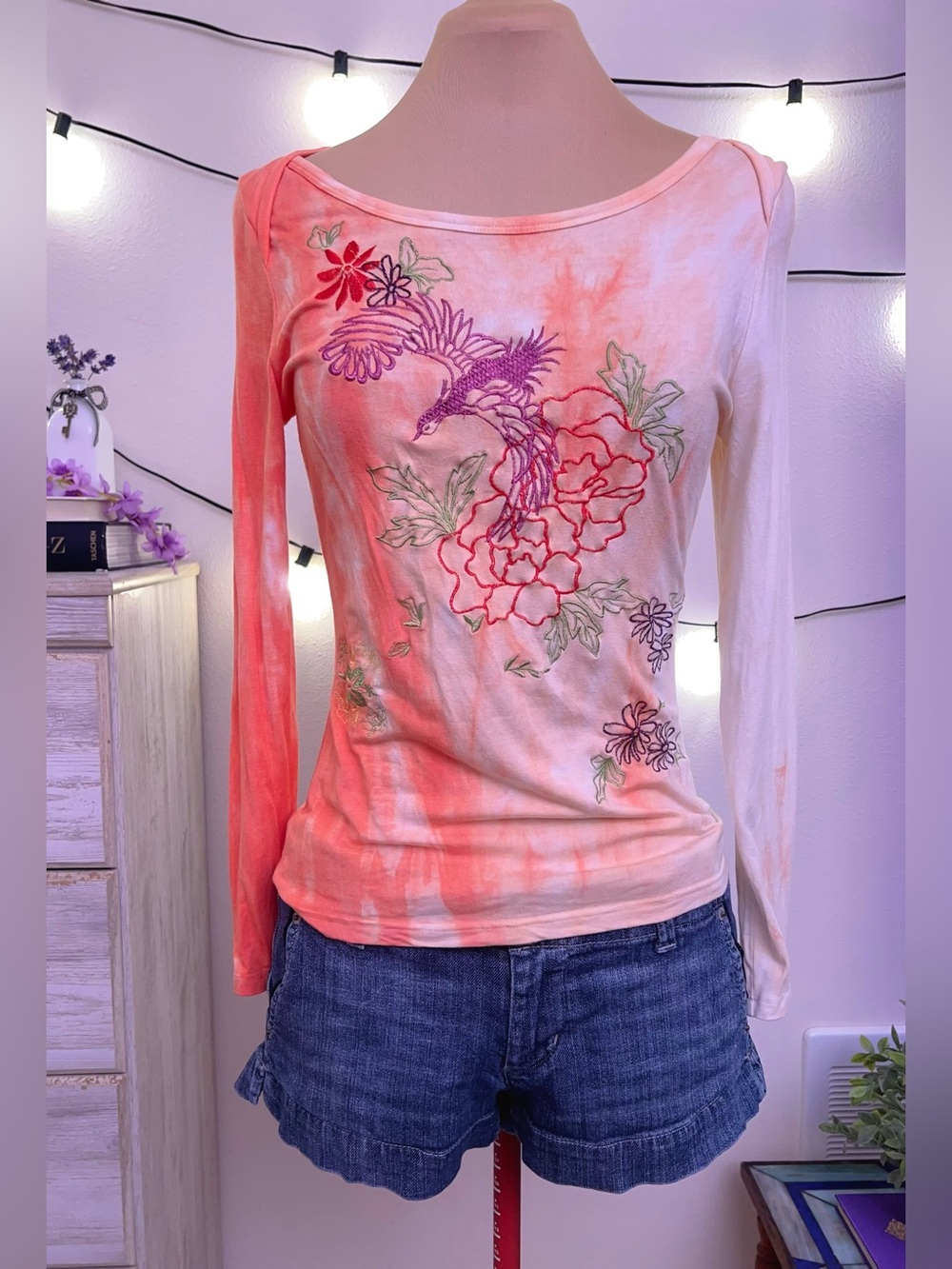 Y2K Casual Freedom Sz M Phoenix Embroidered Coral Pink Tie Dye Top Whimsy Grunge
